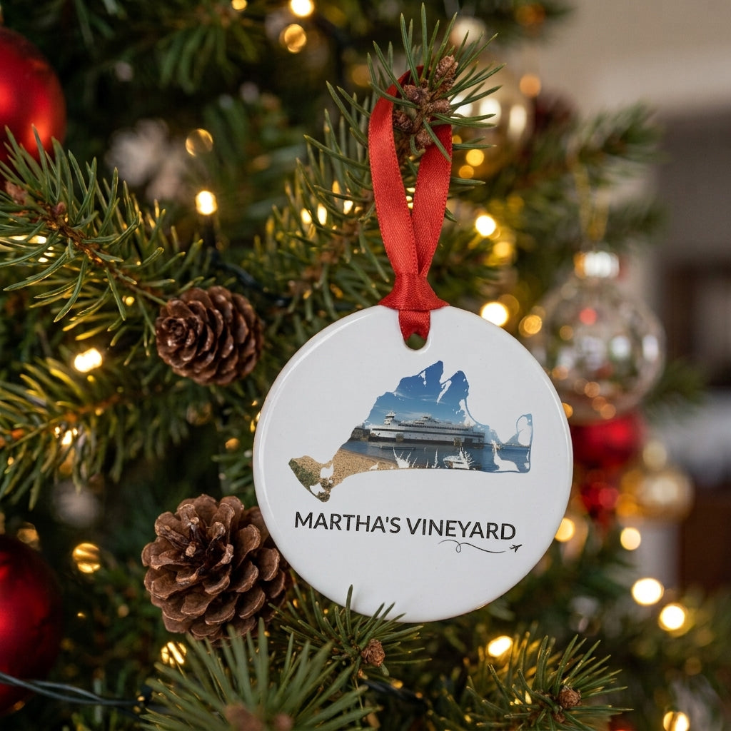 Martha's Vineyard ferry ornament hanging on a Christmas tree, featuring the Steamship docked in Vineyard Haven inside a hand-traced island outline, with Martha's Vineyard lettering and a small airplane swirl detail
