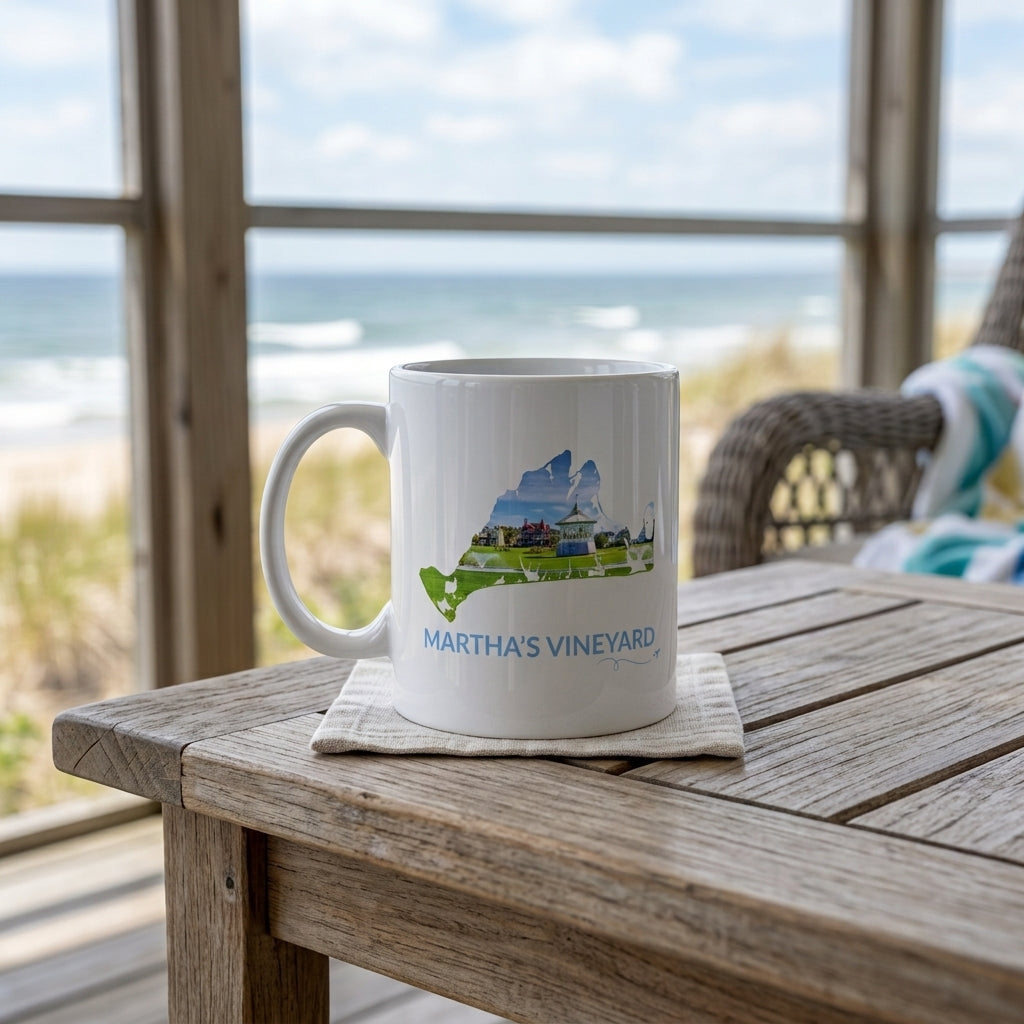 Martha's Vineyard Ocean Park mug on a wooden table overlooking the ocean, featuring the Oak Bluffs gazebo inside a hand-drawn island outline with Martha's Vineyard lettering and airplane swirl