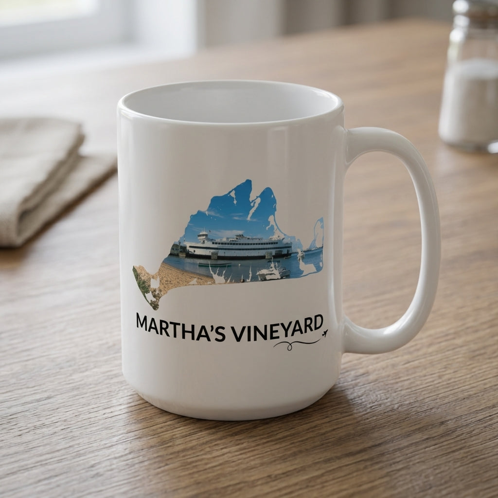 Martha's Vineyard Steamship ferry mug displayed on a wooden table, featuring the ferry docked in Vineyard Haven inside a hand-drawn island outline with Martha's Vineyard lettering and airplane swirl