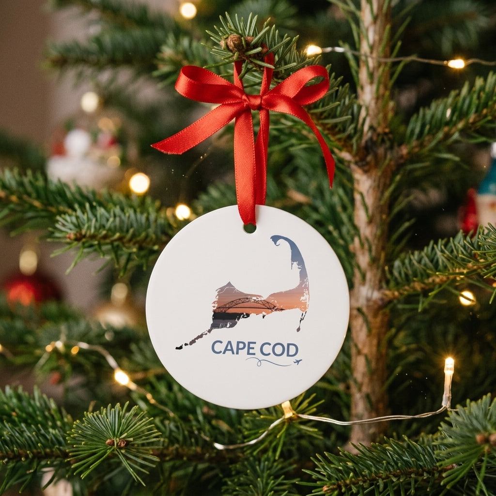White Cape Cod ornament hanging on a Christmas tree with a red ribbon, featuring the Bourne Bridge at sunset inside the Cape Cod outline, Cape Cod lettering, and a small airplane with swirl