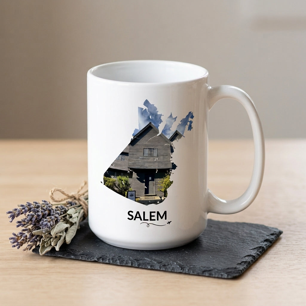 White 15 oz Salem mug featuring the Witch House inside the Salem outline, with SALEM text and a small airplane with swirl, displayed on a slate coaster beside dried lavender.
