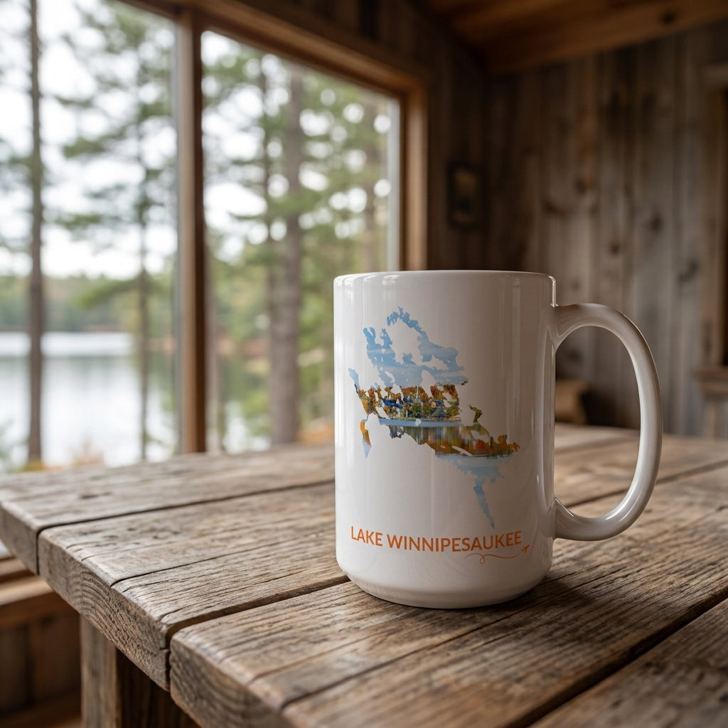 White Lake Winnipesaukee mug on a rustic wooden table in a lakeside cabin, featuring a Meredith, NH fall foliage lake scene inside the Lake Winnipesaukee outline, orange Lake Winnipesaukee lettering, and a small airplane with swirl