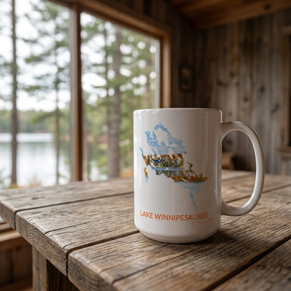 White Lake Winnipesaukee mug on a rustic wooden table in a lakeside cabin, featuring a Meredith, NH fall foliage lake scene inside the Lake Winnipesaukee outline, orange Lake Winnipesaukee lettering, and a small airplane with swirl