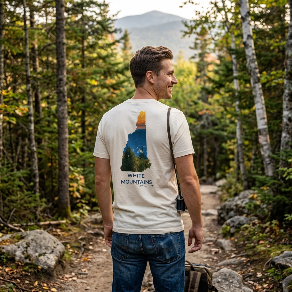Man wearing a Natural t-shirt featuring a hand-drawn New Hampshire outline filled with a photograph of the White Mountains at sunset, standing on a wooded mountain trail with a peak in the background.
