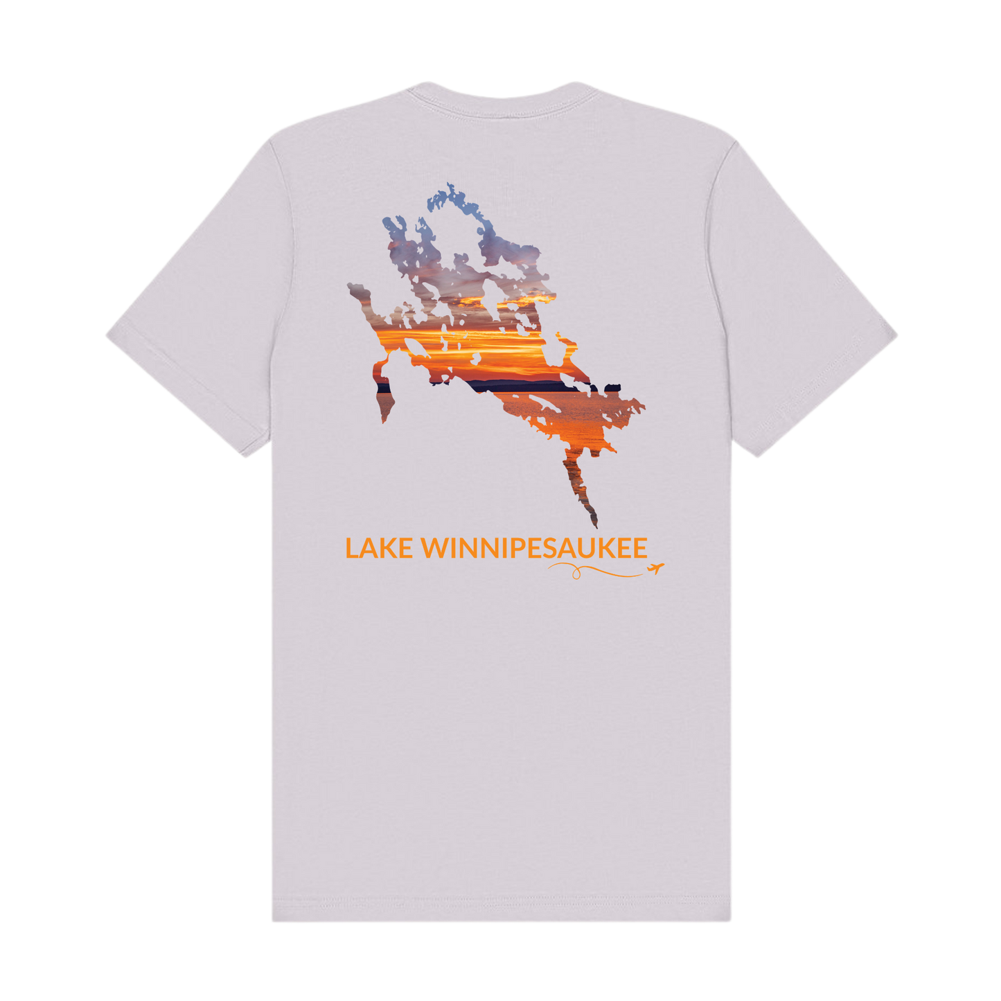 Back of a Lavender Dust Lake Winnipesaukee t-shirt featuring a hand-drawn outline of the lake filled with a sunset photograph captured on Lake Winnipesaukee. The words “Lake Winnipesaukee” appear below the artwork with a small airplane icon and looping flight path.