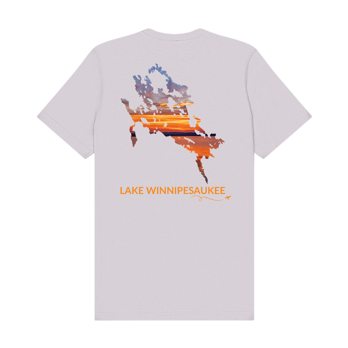 Back of a Lavender Dust Lake Winnipesaukee t-shirt featuring a hand-drawn outline of the lake filled with a sunset photograph captured on Lake Winnipesaukee. The words “Lake Winnipesaukee” appear below the artwork with a small airplane icon and looping flight path.