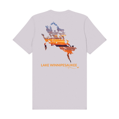 Back of a Lavender Dust Lake Winnipesaukee t-shirt featuring a hand-drawn outline of the lake filled with a sunset photograph captured on Lake Winnipesaukee. The words “Lake Winnipesaukee” appear below the artwork with a small airplane icon and looping flight path.