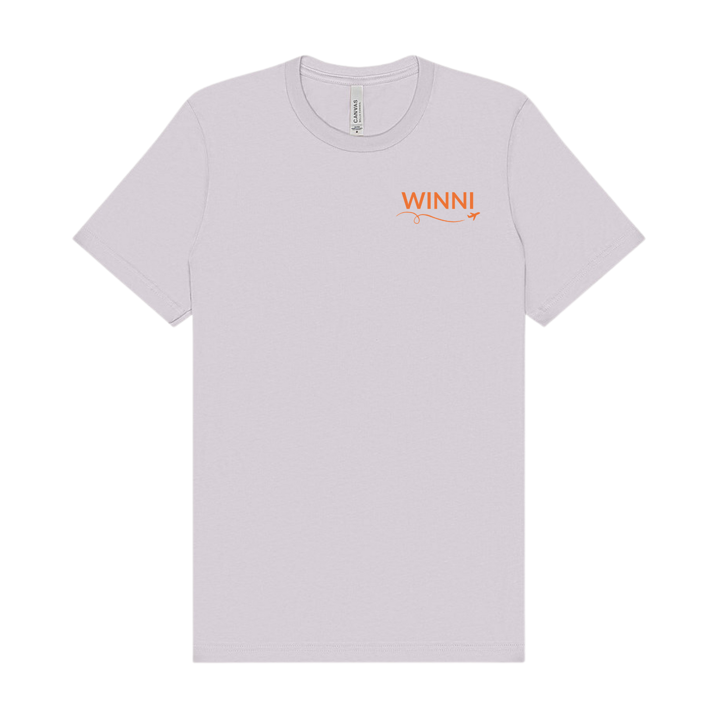 Lavender Dust Lake Winnipesaukee t-shirt with “WINNI” printed in orange on the front left chest with a small airplane icon and looping flight path.