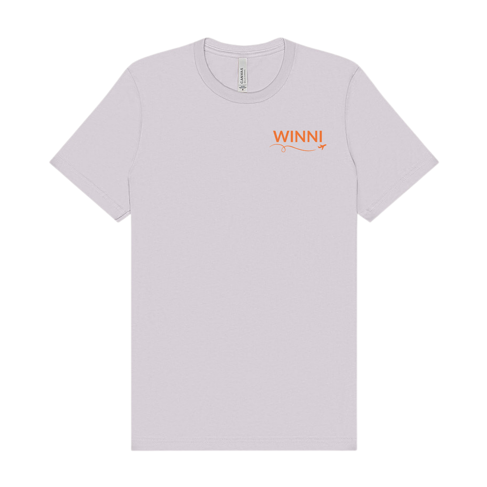Lavender Dust Lake Winnipesaukee t-shirt with “WINNI” printed in orange on the front left chest with a small airplane icon and looping flight path.