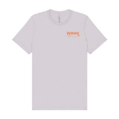 Lavender Dust Lake Winnipesaukee t-shirt with “WINNI” printed in orange on the front left chest with a small airplane icon and looping flight path.