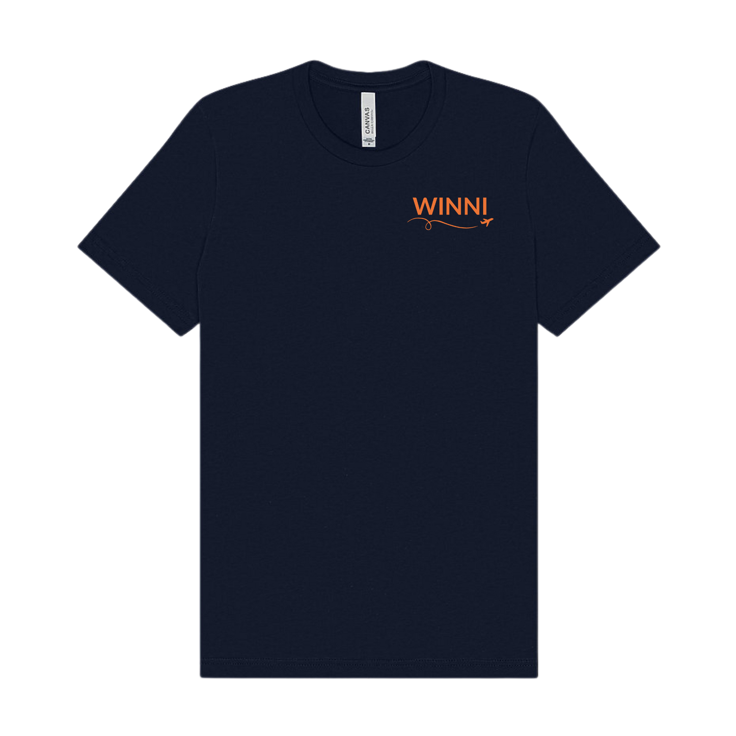 Navy Lake Winnipesaukee t-shirt with “WINNI” printed in orange on the front left chest with a small airplane icon and looping flight path.