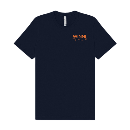Navy Lake Winnipesaukee t-shirt with “WINNI” printed in orange on the front left chest with a small airplane icon and looping flight path.