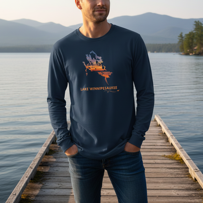 Lake Winnipesaukee Outline Long Sleeve | Sunset Lake View