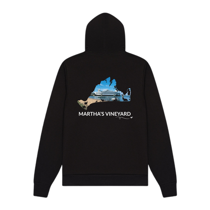 Back of black Martha's Vineyard zip-up hoodie featuring the Steamship docked in Vineyard Haven inside a hand-traced island outline, with Martha's Vineyard lettering and airplane swirl