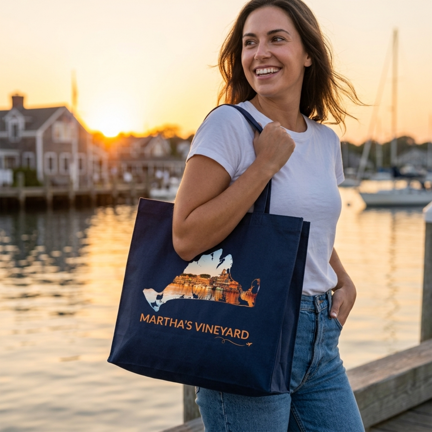 Woman carrying a navy cotton canvas tote bag featuring a hand-drawn Martha's Vineyard outline filled with a sunset view of Oak Bluffs Harbor. The words "Martha's Vineyard" appear below the artwork with a small airplane icon and looping flight path.