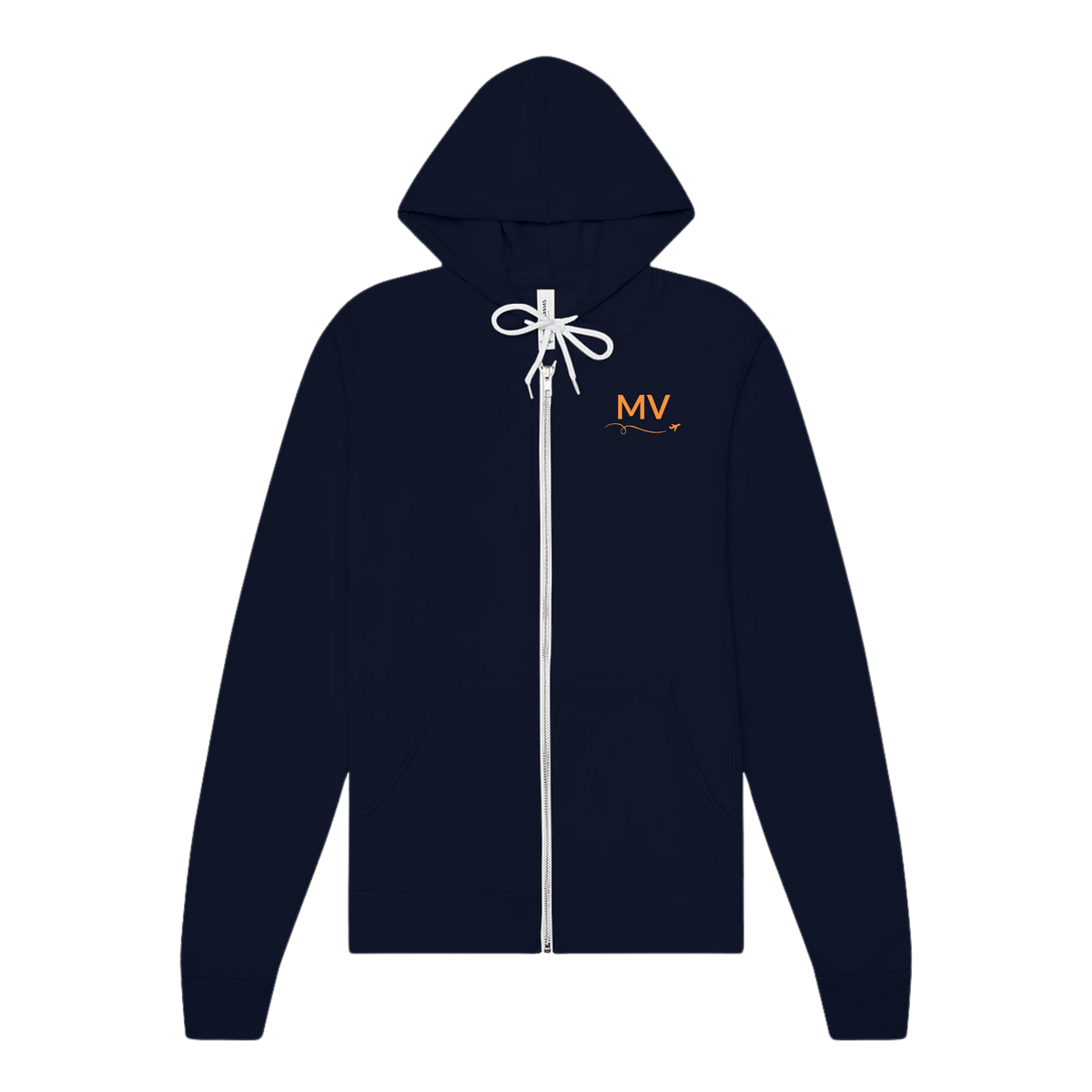Navy Martha's Vineyard zip-up hoodie with orange MV lettering and a small airplane swirl on the left chest