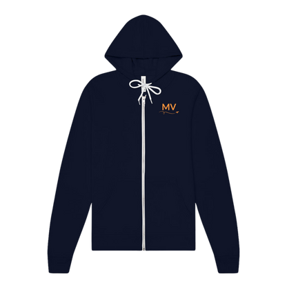 Navy Martha's Vineyard zip-up hoodie with orange MV lettering and a small airplane swirl on the left chest