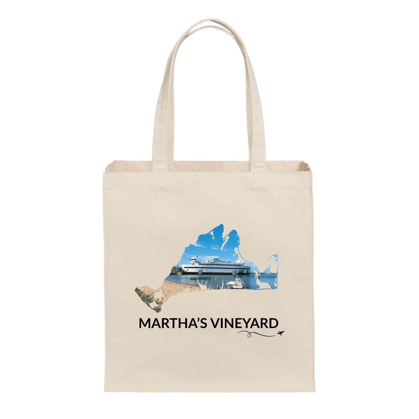 Natural cotton canvas tote bag featuring a hand-drawn Martha's Vineyard outline showcasing the Steamship Authority ferry docked in Vineyard Haven with the harbor and sandy beach. The words "Martha's Vineyard" appear below the artwork with a small airplane icon and looping flight path.