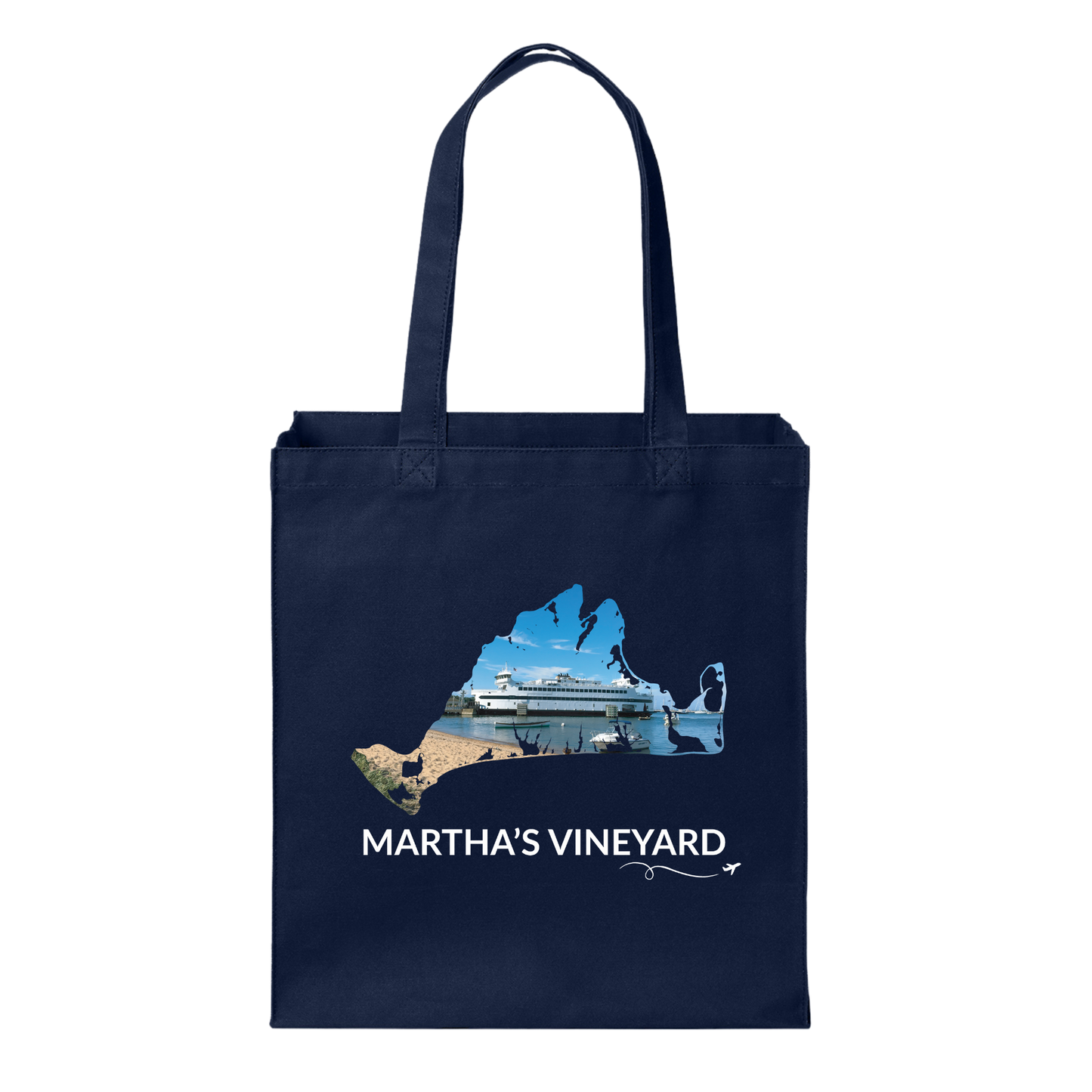 Navy cotton canvas tote bag featuring a hand-drawn Martha's Vineyard outline with the Steamship Authority ferry, Vineyard Haven harbor, and shoreline. The words "Martha's Vineyard" appear below the artwork with a small airplane icon and looping flight path.