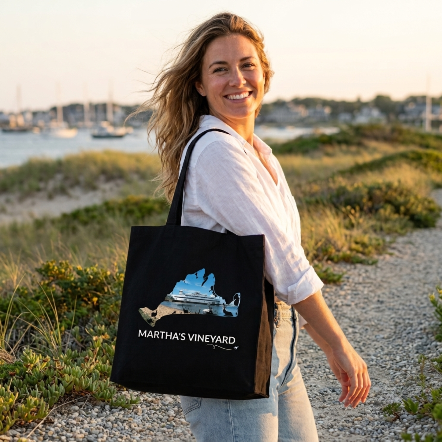 Woman carrying a black cotton canvas tote bag featuring a hand-drawn Martha's Vineyard outline filled with the Steamship Authority ferry docked in Vineyard Haven. The words "Martha's Vineyard" appear below the artwork with a small airplane icon and looping flight path.
