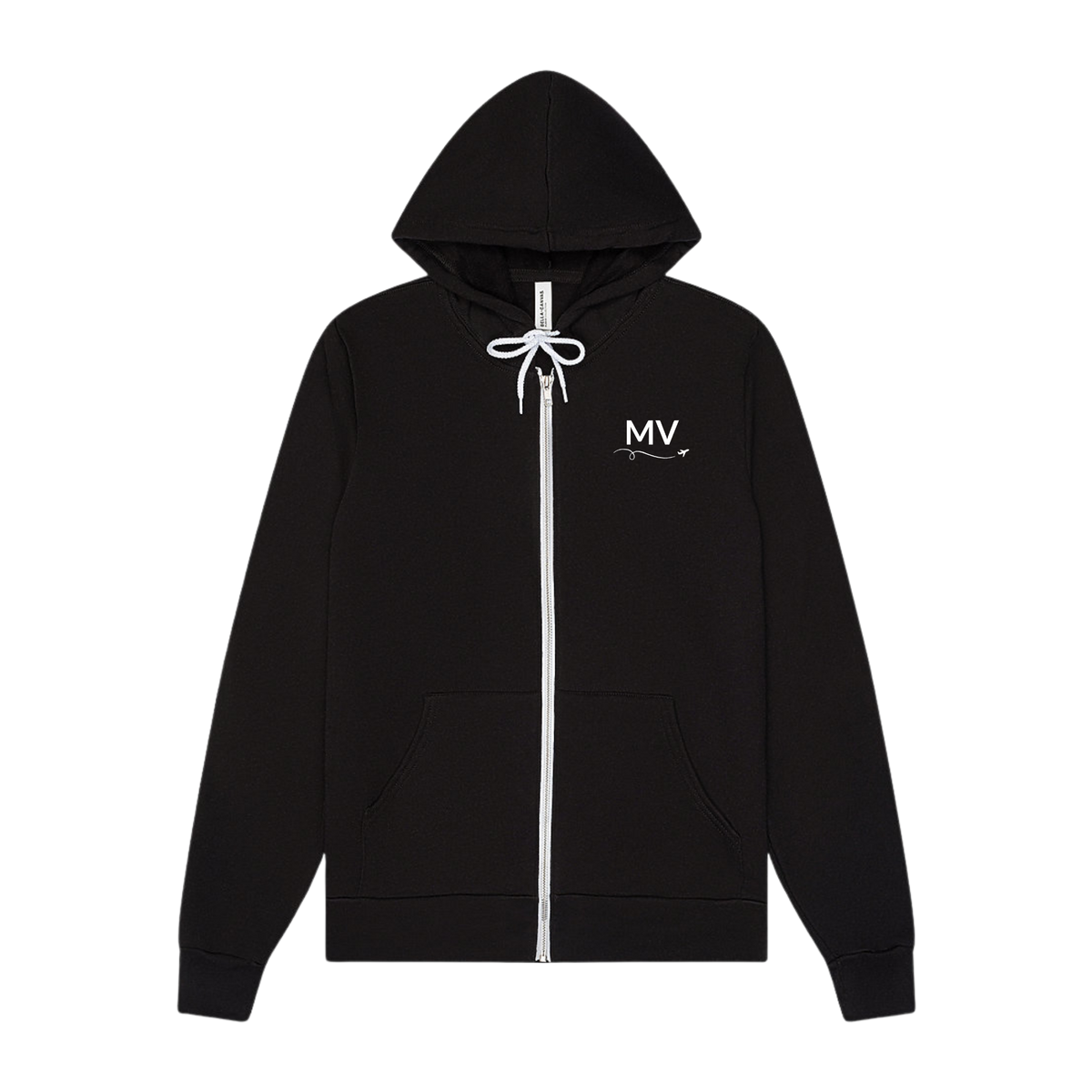 Front of black Martha's Vineyard zip-up hoodie with white MV lettering and a small airplane swirl on the left chest