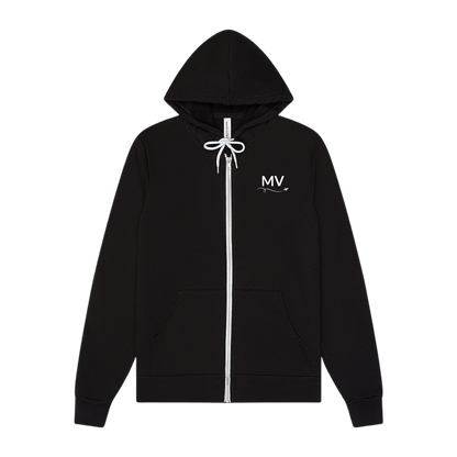 Front of black Martha's Vineyard zip-up hoodie with white MV lettering and a small airplane swirl on the left chest