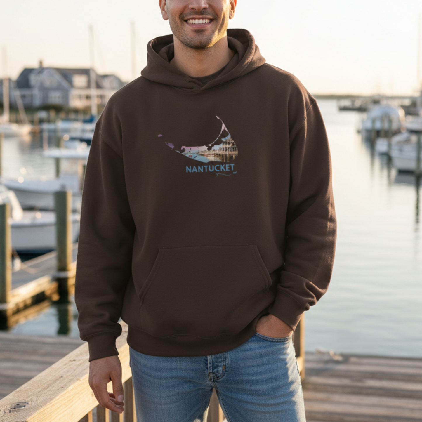 Nantucket Hoodie | Easy Street Harbor Houses & Boats Pullover