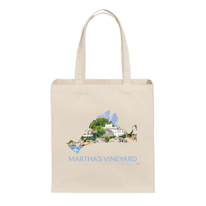 Natural cotton canvas tote bag featuring a hand-drawn Martha's Vineyard outline filled with Edgartown Harbor, historic homes, and waterfront scenery. The words "Martha's Vineyard" appear below the artwork with a small airplane icon and looping flight path.