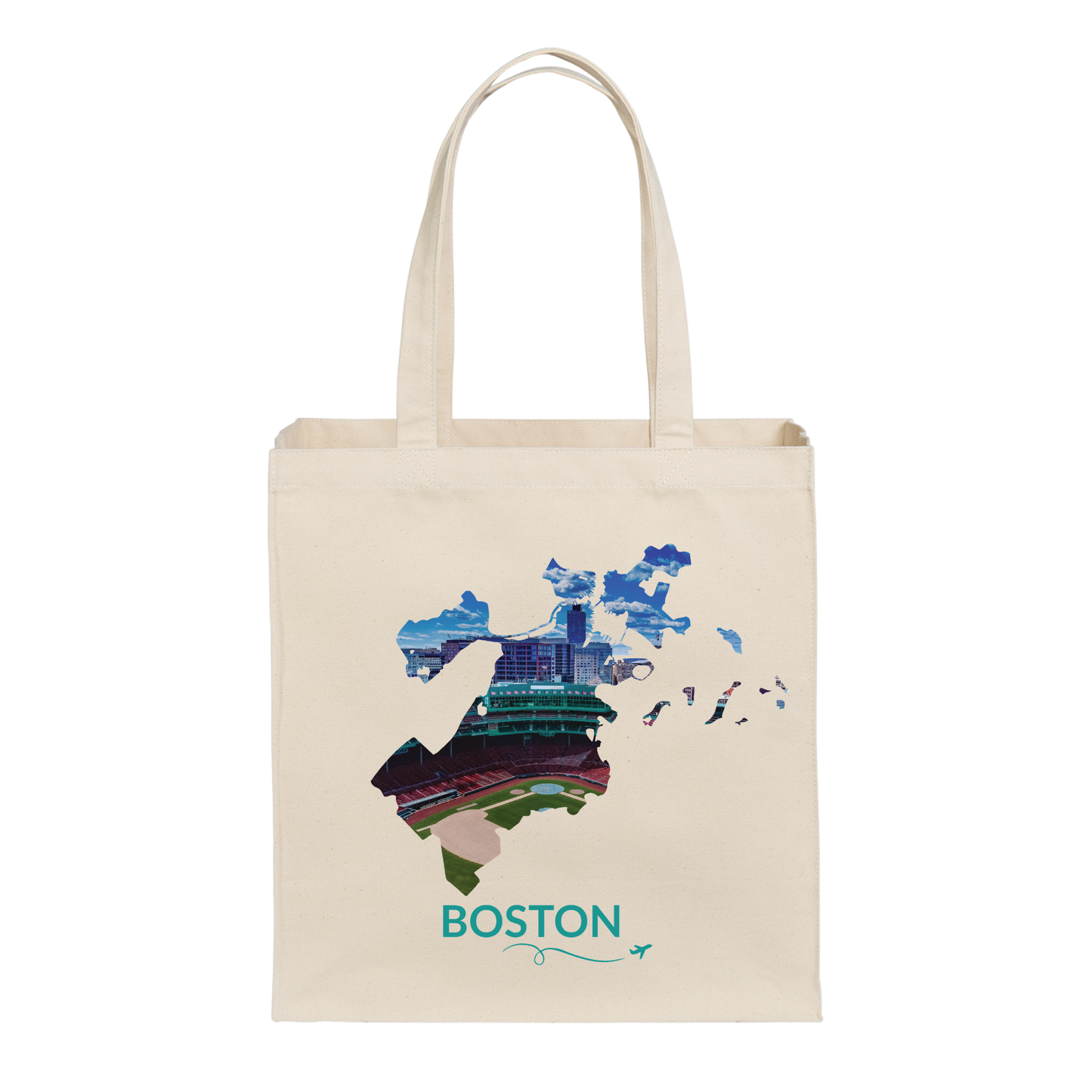 Natural cotton canvas tote bag featuring a hand-drawn Boston outline filled with an aerial view of Fenway Park. The word "Boston" appears below the artwork with a small airplane icon and looping flight path.