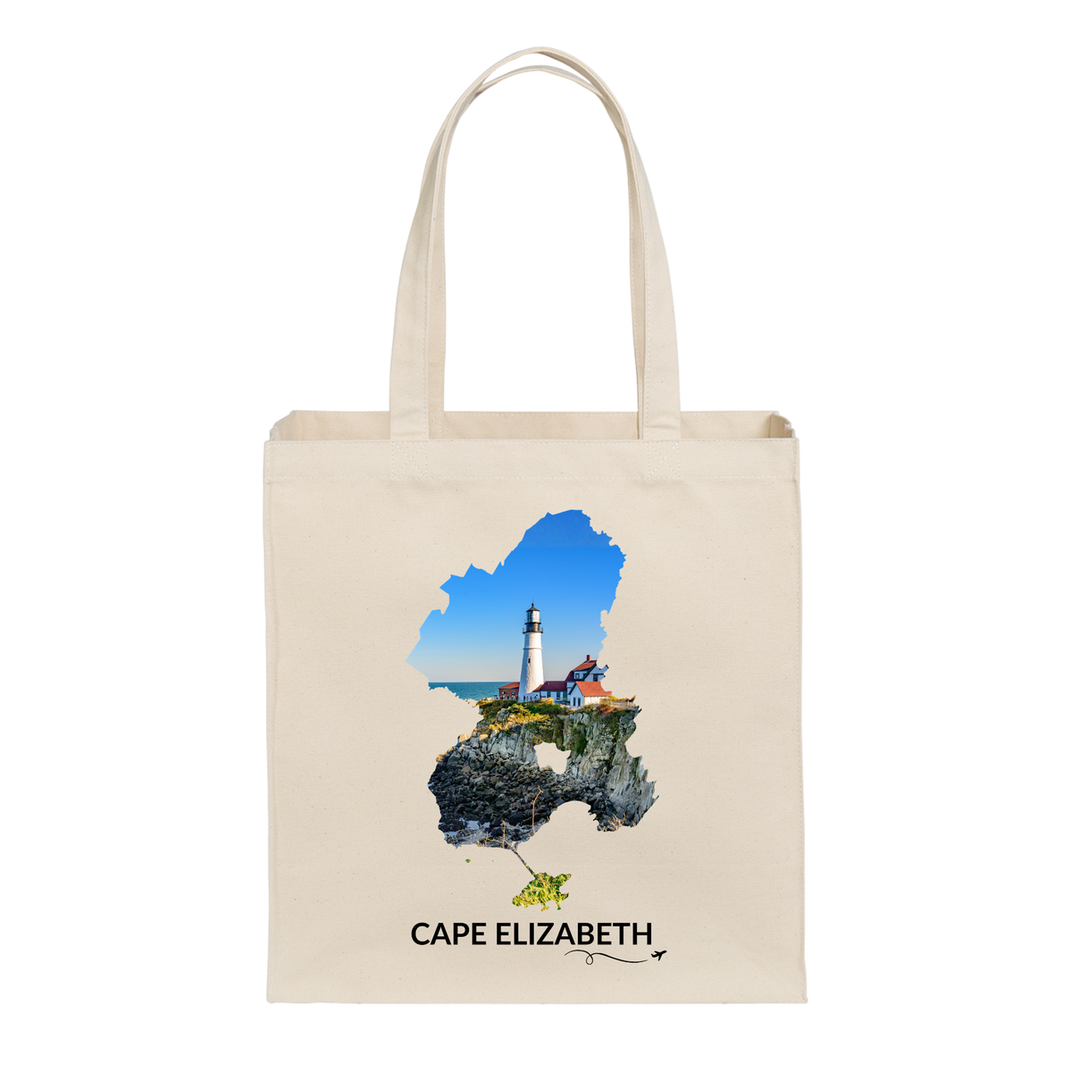 Natural canvas Cape Elizabeth tote bag featuring Portland Head Light and the rocky Maine coastline inside the Cape Elizabeth outline, black Cape Elizabeth lettering, and a small airplane with swirl