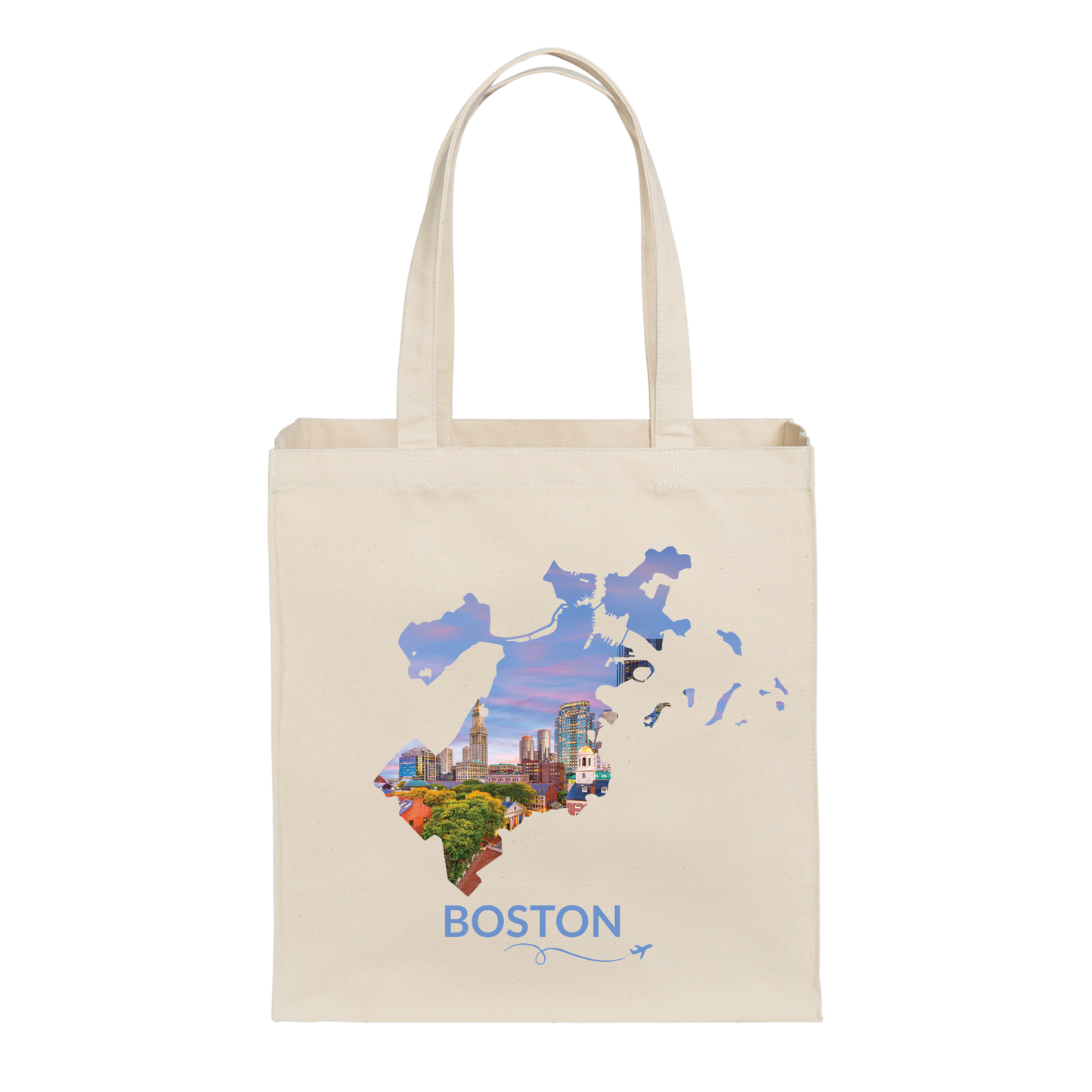 Natural cotton canvas tote bag featuring a hand-drawn Boston outline filled with an aerial sunset view of Faneuil Hall, Quincy Market, the North End, International Place, and the Custom House Tower. The word "Boston" appears below the artwork with a small airplane icon and looping flight path.
