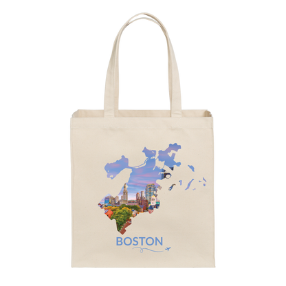 Natural cotton canvas tote bag featuring a hand-drawn Boston outline filled with an aerial sunset view of Faneuil Hall, Quincy Market, the North End, International Place, and the Custom House Tower. The word "Boston" appears below the artwork with a small airplane icon and looping flight path.