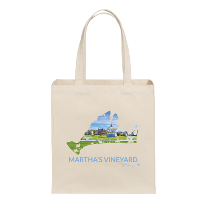 Natural cotton canvas tote bag featuring a hand-drawn Martha's Vineyard outline showcasing the Ocean Park gazebo surrounded by green lawns and colorful cottages in Oak Bluffs. The words "Martha's Vineyard" appear below the artwork with a small airplane icon and looping flight path.