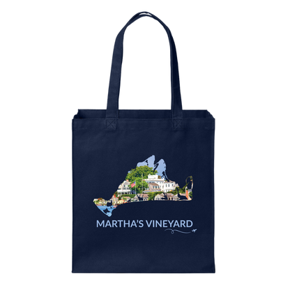 Navy cotton canvas tote bag featuring a hand-drawn Martha's Vineyard outline showcasing Edgartown Harbor with classic New England homes and waterfront views. The words "Martha's Vineyard" appear below the artwork with a small airplane icon and looping flight path.