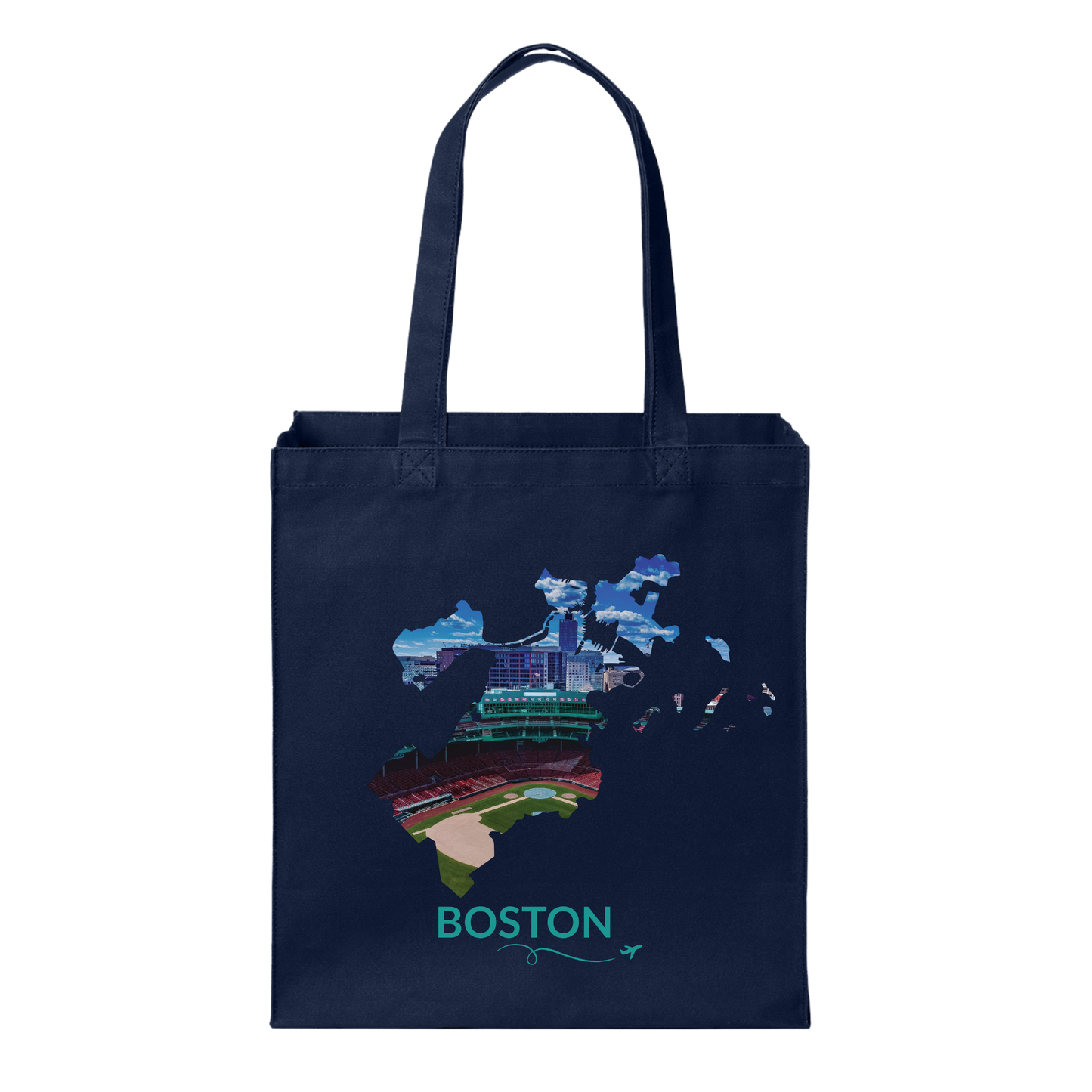 Navy cotton canvas tote bag featuring a hand-drawn Boston outline showcasing an aerial view of Fenway Park. The word "Boston" appears below the artwork with a small airplane icon and looping flight path.