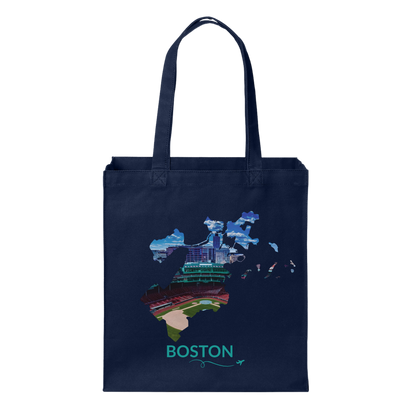 Navy cotton canvas tote bag featuring a hand-drawn Boston outline showcasing an aerial view of Fenway Park. The word "Boston" appears below the artwork with a small airplane icon and looping flight path.