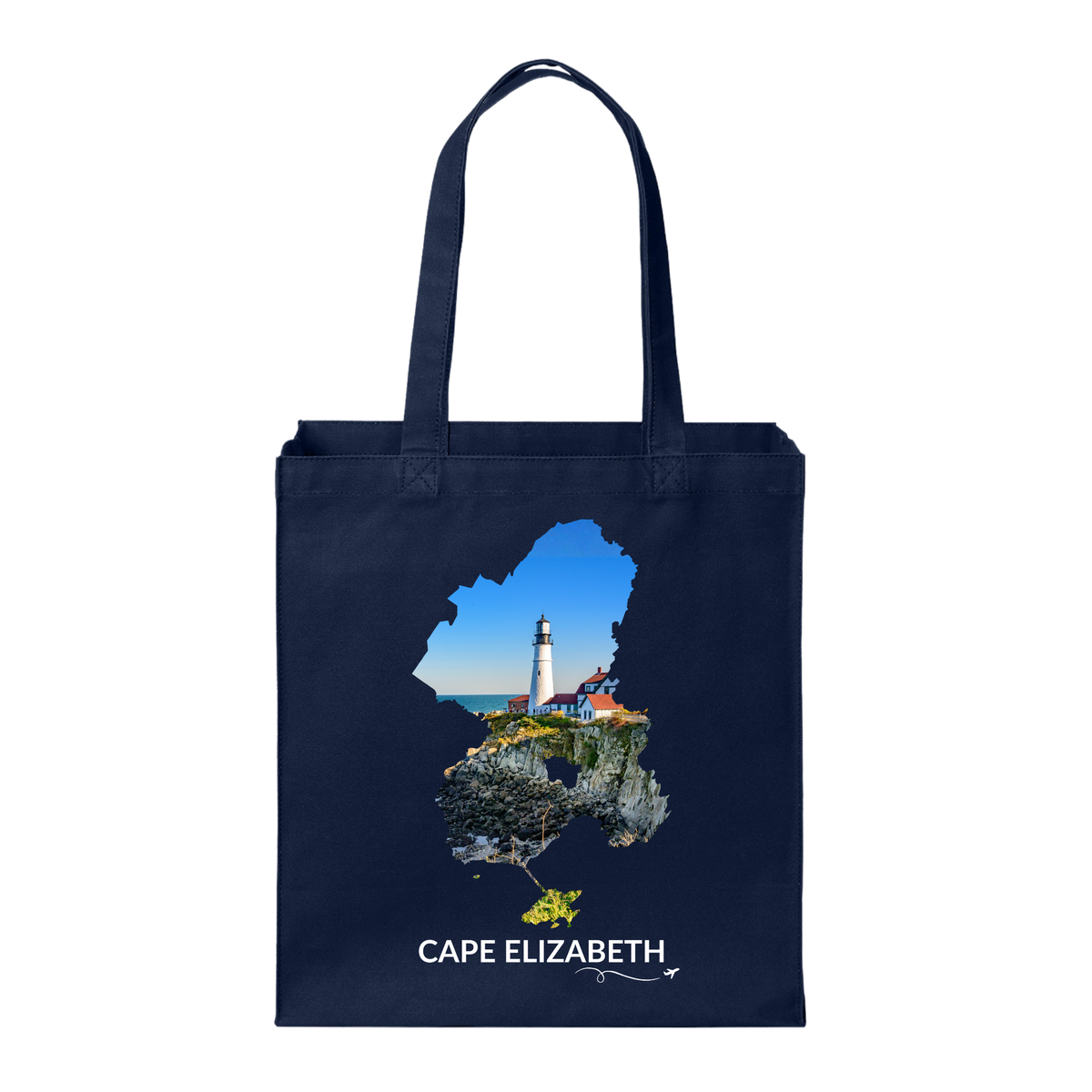 Navy Cape Elizabeth tote bag featuring Portland Head Light and the rocky Maine coastline inside the Cape Elizabeth outline, white Cape Elizabeth lettering, and a small airplane with swirl