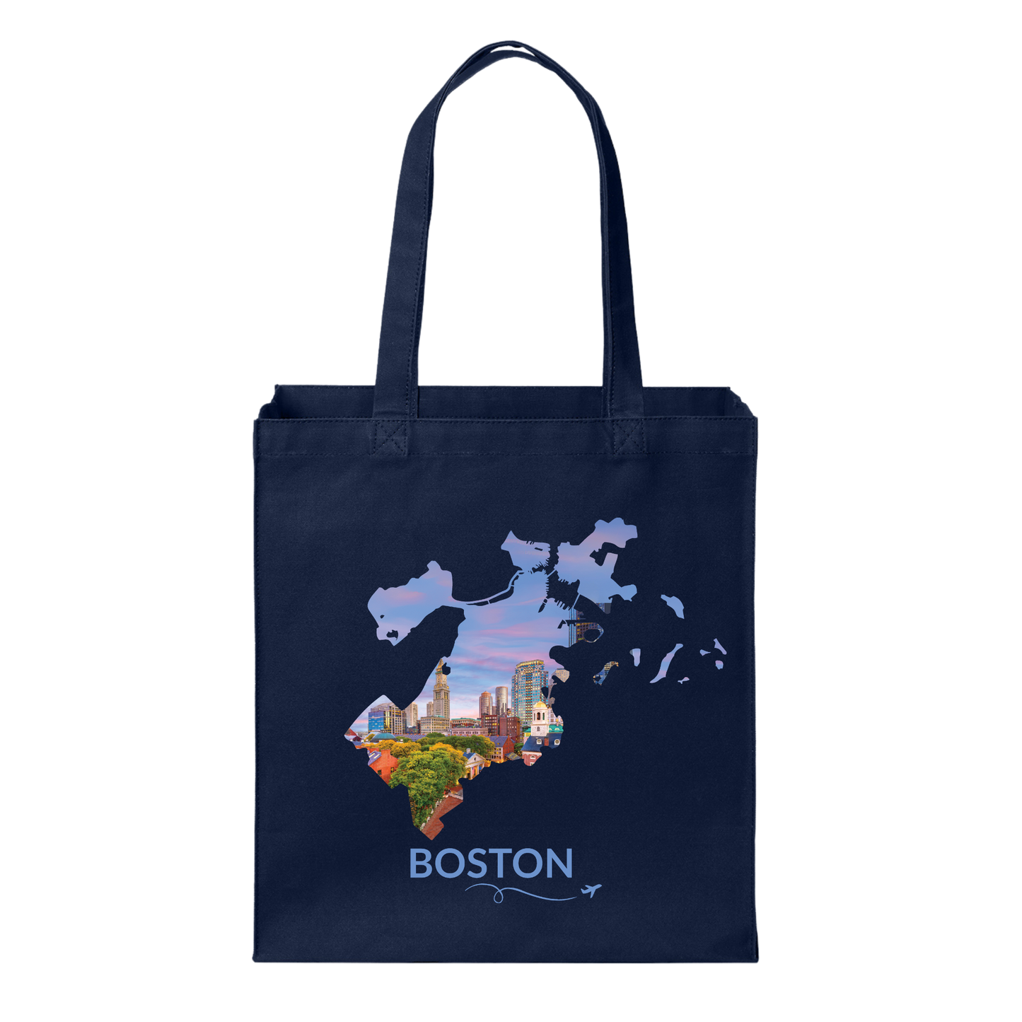 Navy cotton canvas tote bag featuring a hand-drawn Boston outline showcasing an aerial sunset view of Faneuil Hall, Quincy Market, the North End, International Place, and the Custom House Tower. The word "Boston" appears below the artwork with a small airplane icon and looping flight path.