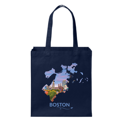 Navy cotton canvas tote bag featuring a hand-drawn Boston outline showcasing an aerial sunset view of Faneuil Hall, Quincy Market, the North End, International Place, and the Custom House Tower. The word "Boston" appears below the artwork with a small airplane icon and looping flight path.