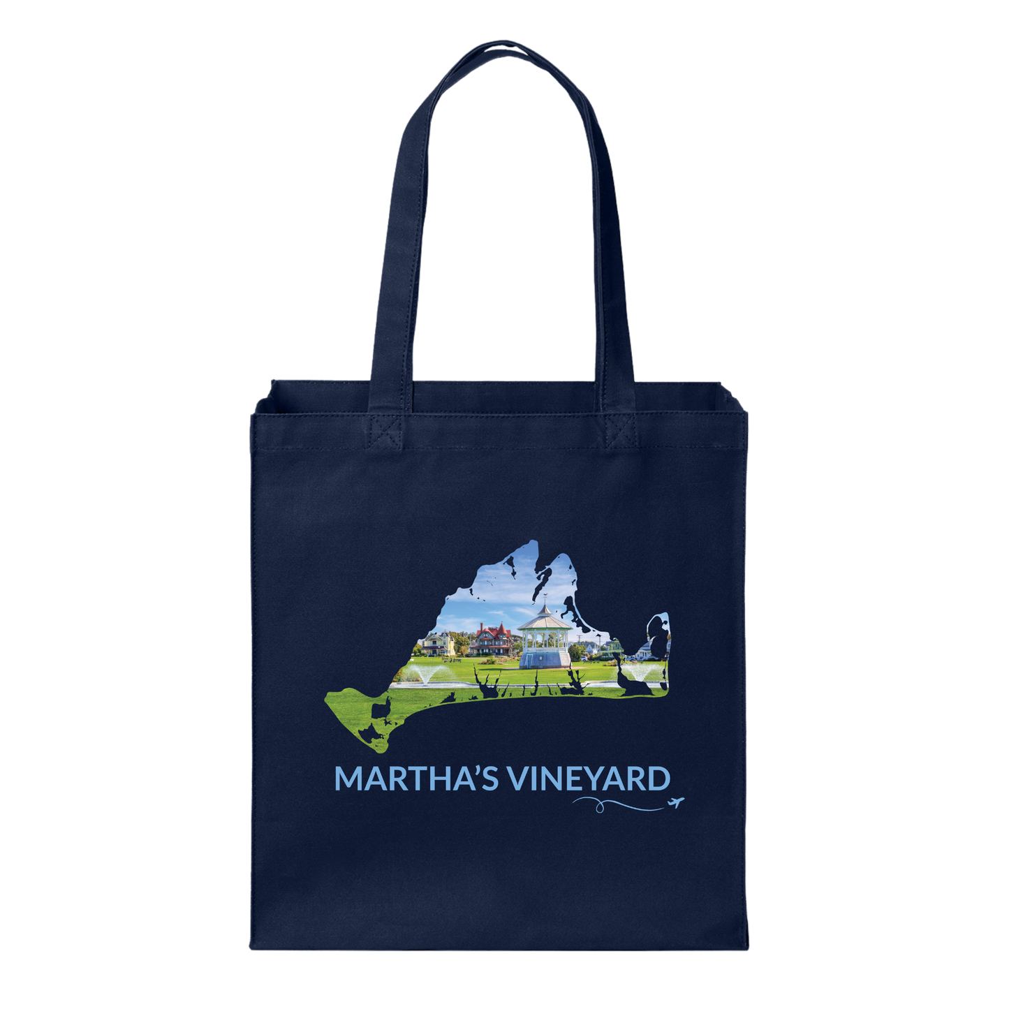 Navy cotton canvas tote bag featuring a hand-drawn Martha's Vineyard outline with the Ocean Park gazebo and surrounding park in Oak Bluffs. The words "Martha's Vineyard" appear below the artwork with a small airplane icon and looping flight path.