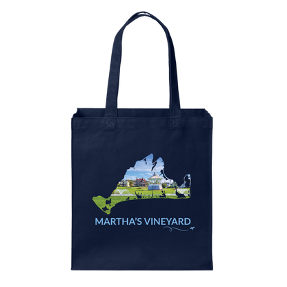 Navy cotton canvas tote bag featuring a hand-drawn Martha's Vineyard outline with the Ocean Park gazebo and surrounding park in Oak Bluffs. The words "Martha's Vineyard" appear below the artwork with a small airplane icon and looping flight path.