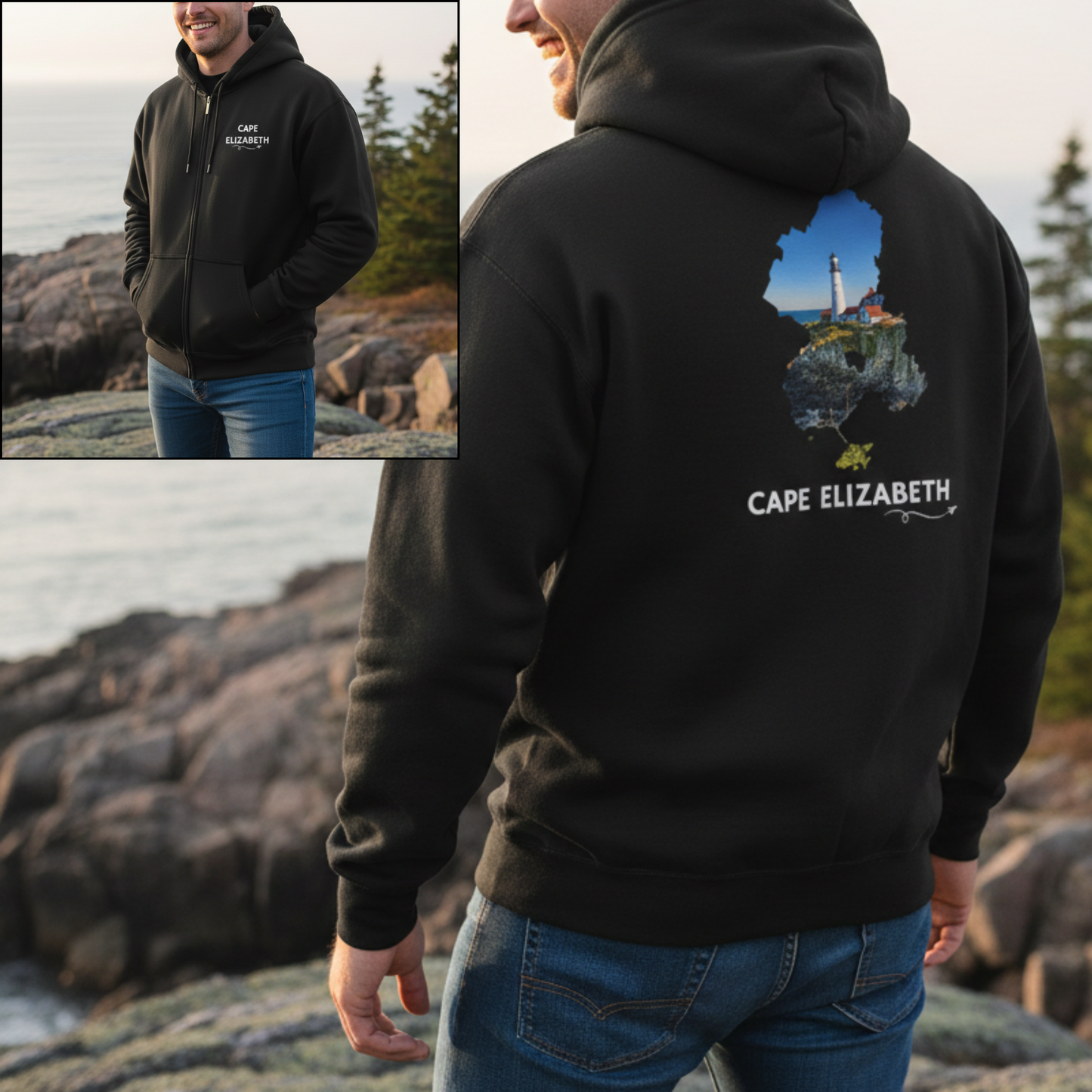 Cape Elizabeth Maine Zip-Up Hoodie | Portland Head Light Lighthouse Coastal Sweatshirt