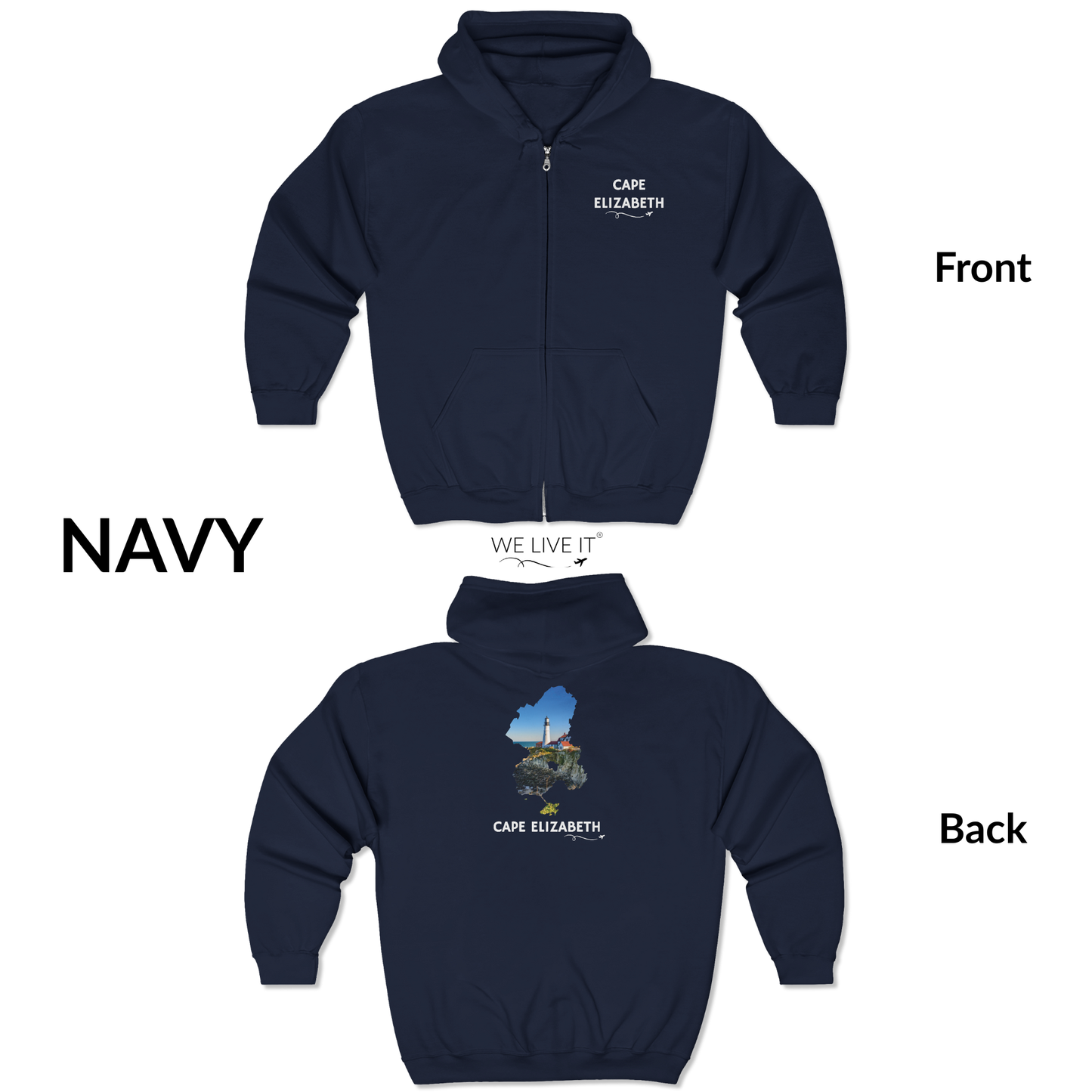 Cape Elizabeth Maine Zip-Up Hoodie | Portland Head Light Lighthouse Coastal Sweatshirt
