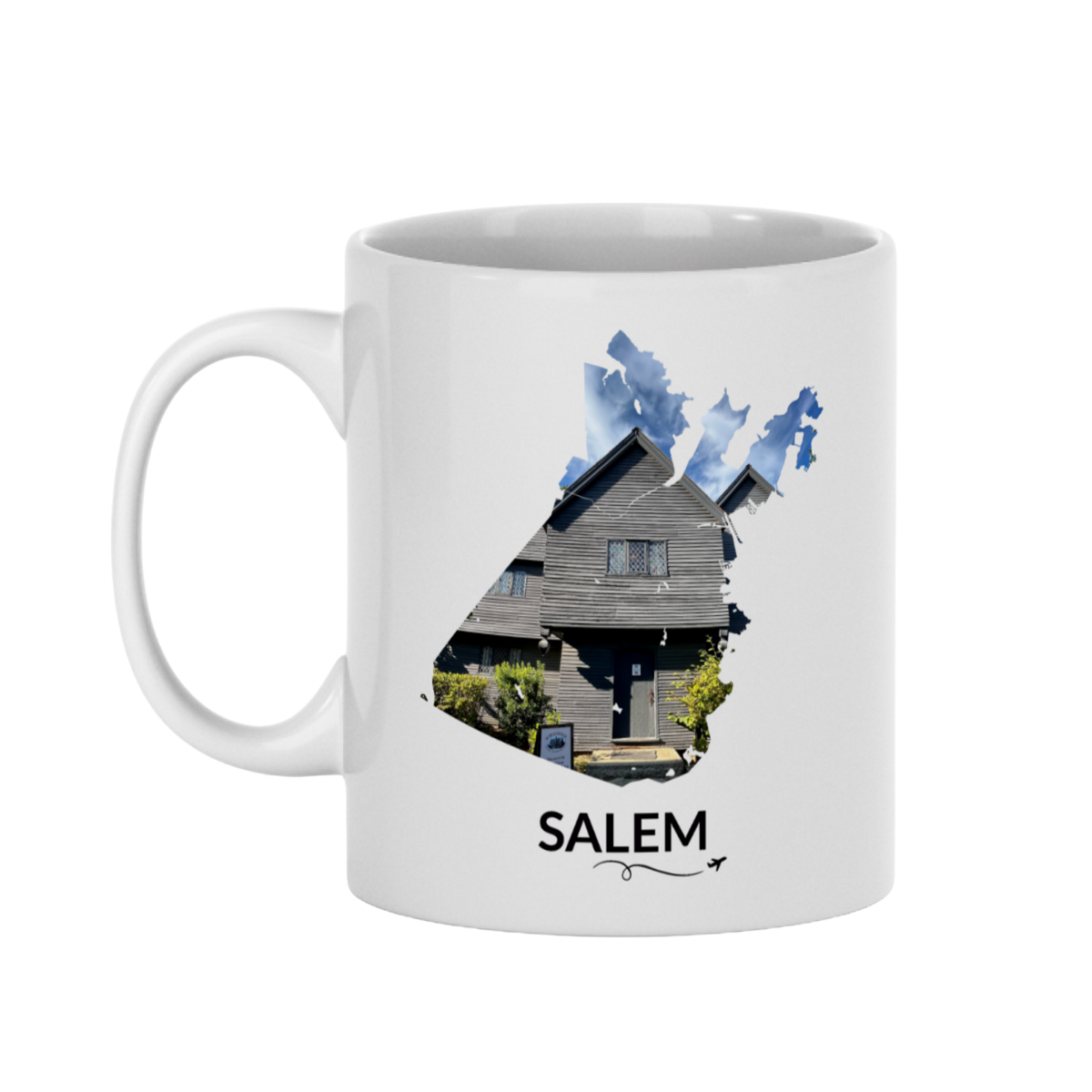 White 11 oz Salem, Massachusetts mug featuring a hand-drawn Salem outline filled with a real photograph of the Witch House, SALEM lettering underneath, and a plane with a swirl line.