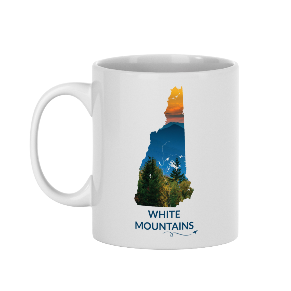 White 11 oz ceramic mug featuring a hand-drawn New Hampshire outline filled with a photograph of mountain peaks beneath an orange sunset sky. The words "White Mountains" appear below the artwork with a small airplane icon and looping flight path.